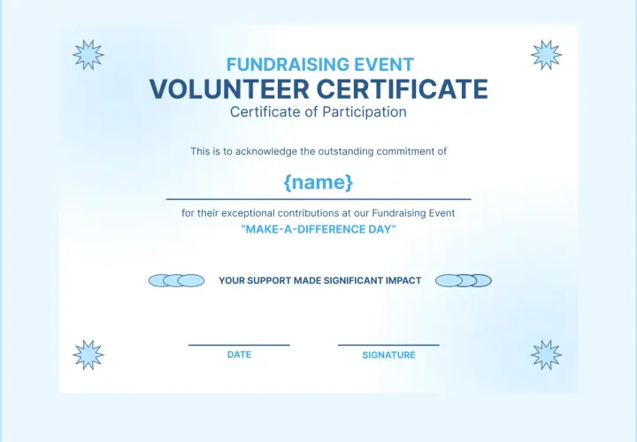 Volunteer certificate for a fundraising event, acknowledging outstanding commitment. This could be for online volunteering opportunities with a certificate.