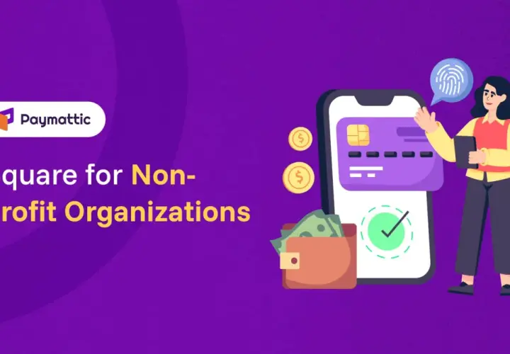 Paymattic offers a secure square for non-profits, featuring a smartphone with a credit card, a wallet with cash, and coins, all overseen by a person with a fingerprint icon.