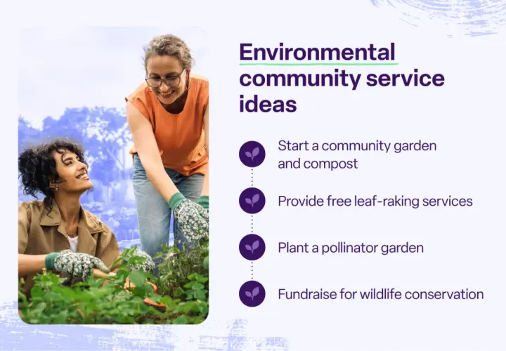 Two women gardening, illustrating different types of community service like starting a garden or planting for pollinators.