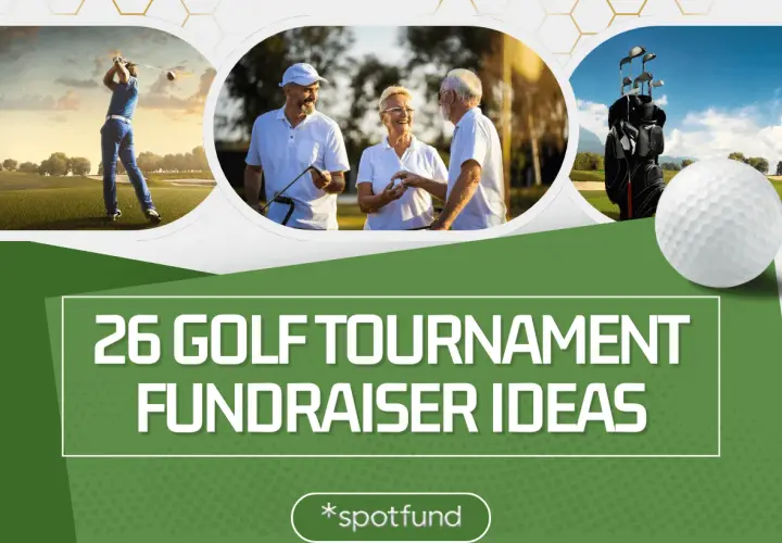 26 golf tournament fundraiser ideas for your next event. Images show golfers, a golf bag, and a golf ball.