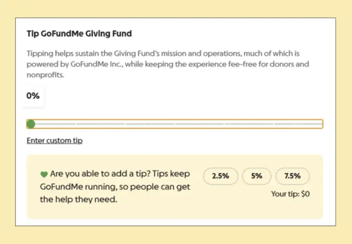 GoFundMe tipping interface showing 0% selected, with options to enter a custom tip or select pre-set percentages.