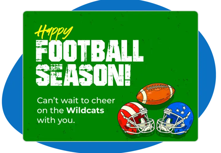 Happy football season! Two helmets and a football are shown, perfect for football fundraising ideas. Go Wildcats!