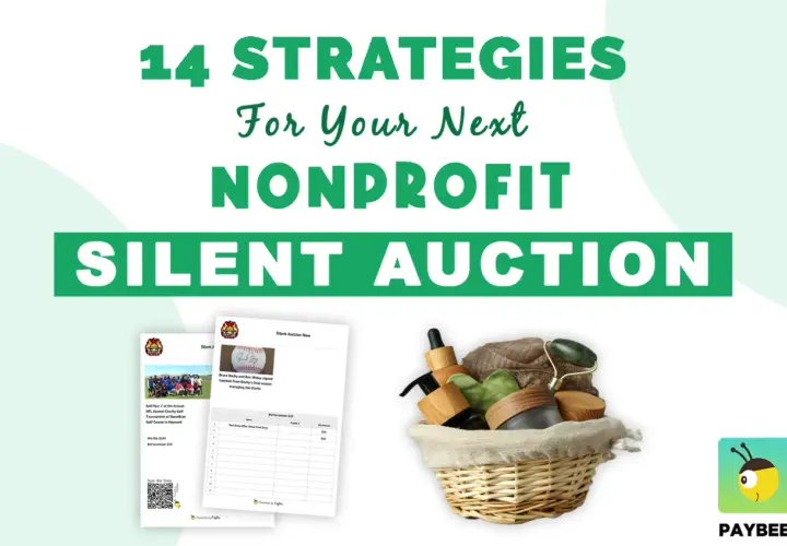 Strategies for your next nonprofit silent auction donation request, featuring auction sheets and a basket of spa items.