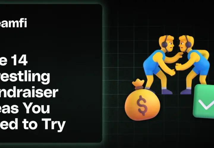 Teamfi presents 14 wrestling fundraiser ideas. Two cartoon wrestlers face off near a money bag and a checkmark, symbolizing successful fundraising.