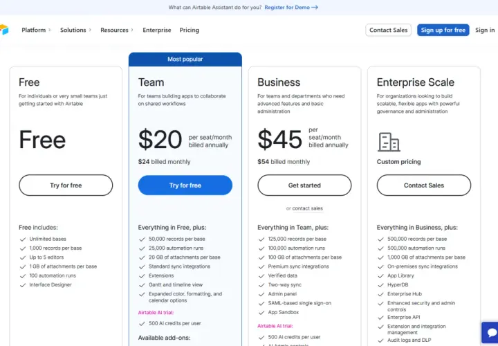 Airtable nonprofit pricing plans: Free, Team ($20/seat/month billed annually), Business ($45/seat/month billed annually), and Enterprise Scale.