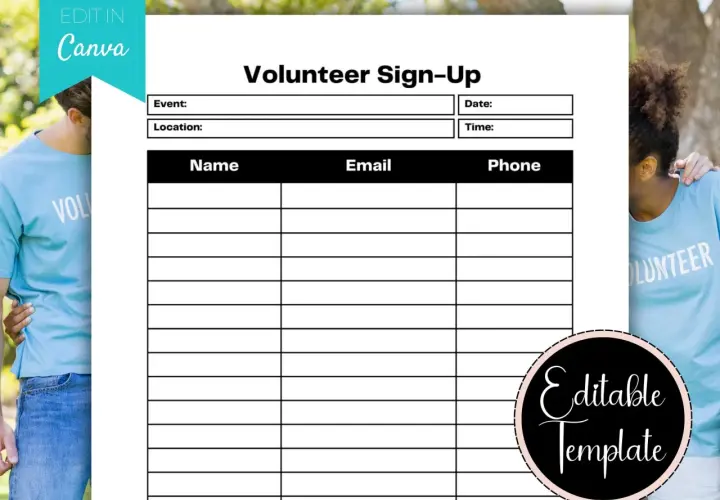 Volunteer sign up sheet template free, with fields for event, date, time, location, name, email, and phone. Editable in Canva.