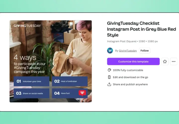 Giving Tuesday video template with 4 ways to participate: volunteer, fundraise, share, and have fun.