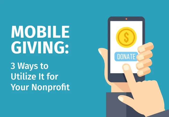 Illustration of a hand holding a smartphone with a "Donate" button and coin icon, promoting mobile donations for nonprofits.