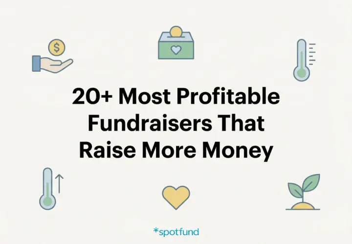 Discover the 20+ most profitable fundraisers that bring in the most money. Icons depict giving, donations, and growth.