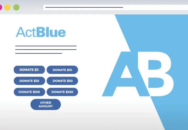 ActBlue donation page with preset amounts. The percentage ActBlue takes is not shown.