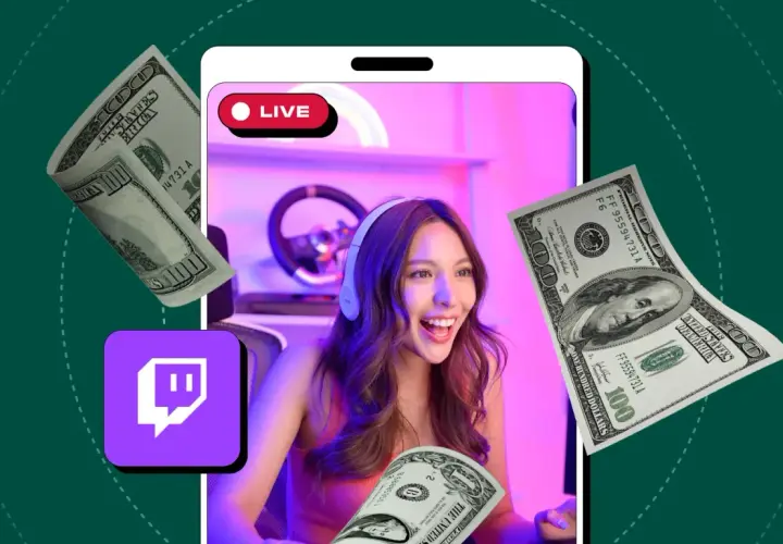 Learn how to set up donations on Twitch with this visual guide featuring a streamer, money, and the Twitch logo.