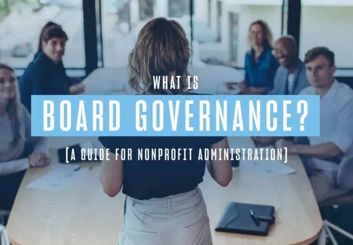 A group discusses nonprofit governance news around a table. Text reads "What is Board Governance? A Guide for Nonprofit Administration.