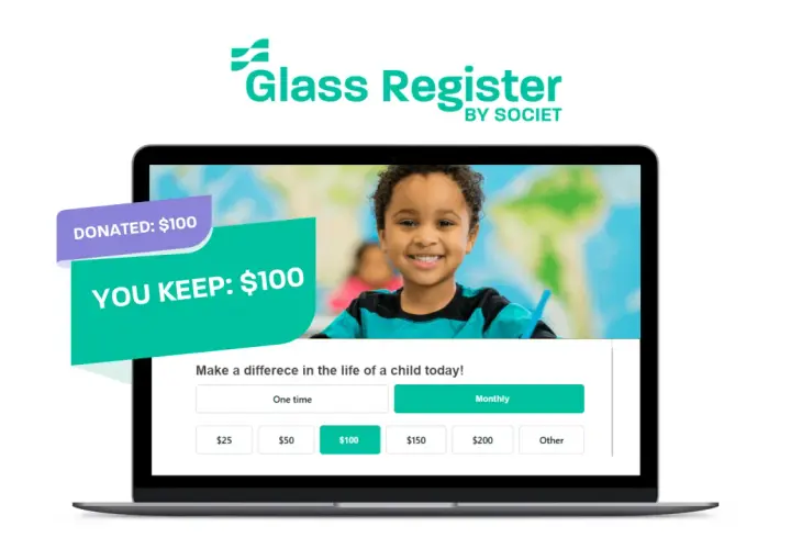 Glass Register by Societ offers free services for nonprofits, showcasing a donation platform with a happy child and clear donation options.