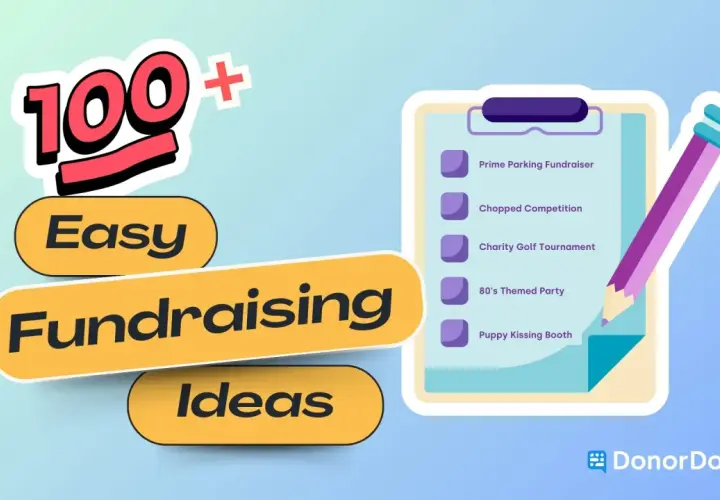 100+ easy fundraising ideas listed on a clipboard, including a prime parking fundraiser and puppy kissing booth.