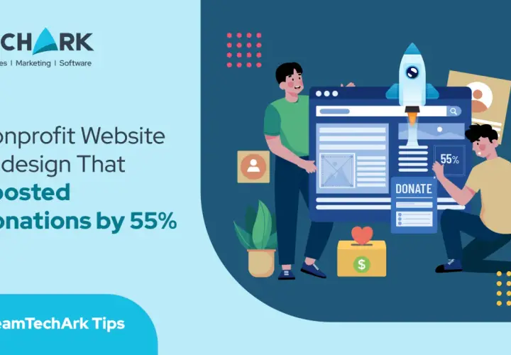 Illustration showing a successful nonprofit website redesign, with a rocket launching from a donation page and a 55% increase in donations.