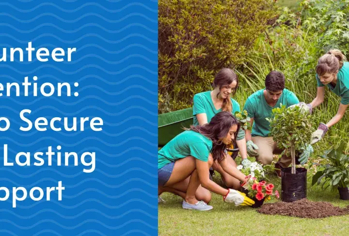 Volunteers planting trees and flowers as part of a community project. The image highlights volunteer retention strategies.