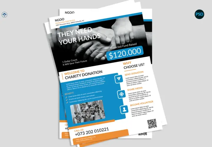 Fundraising graphics for "They Need Your Hands" charity, aiming to raise $120,000. Features hands reaching out and children's faces.