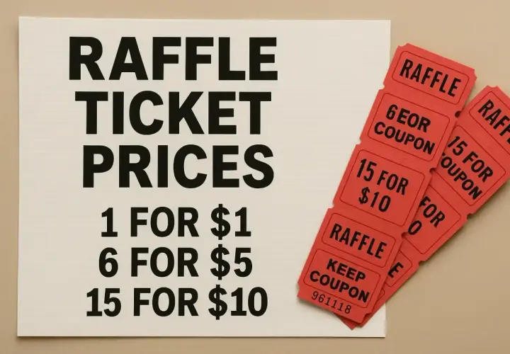 Raffle ticket prices displayed: 1 for $1, 6 for $5, 15 for $10. Red raffle tickets are fanned out.