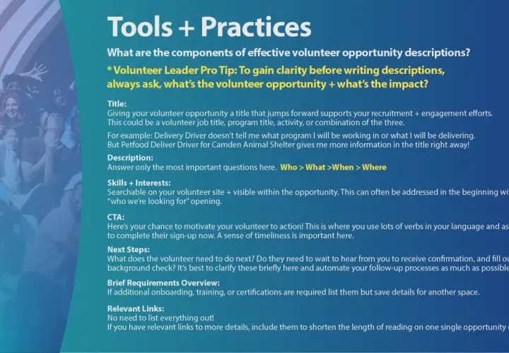 Guide to crafting effective volunteer opportunity descriptions, covering title, description, skills, CTA, and next steps.