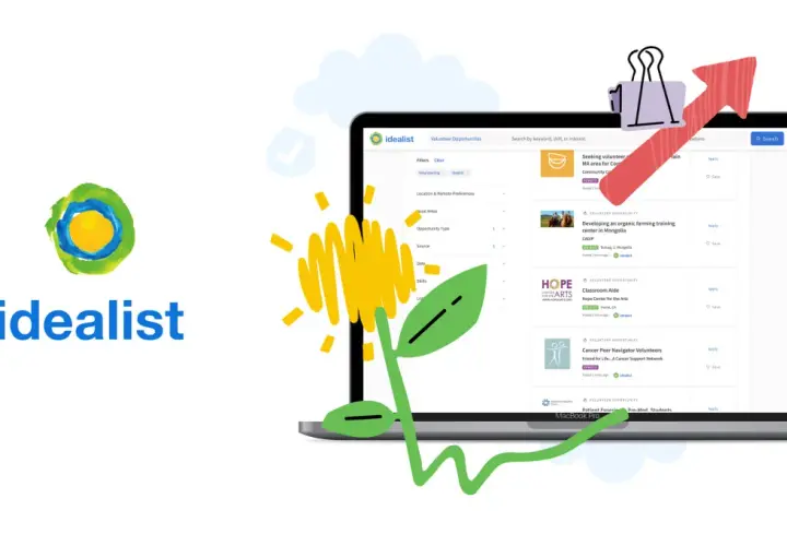 Find online volunteer opportunities on Idealist. The screen shows a laptop displaying various volunteer listings, from remote roles to on-site positions.