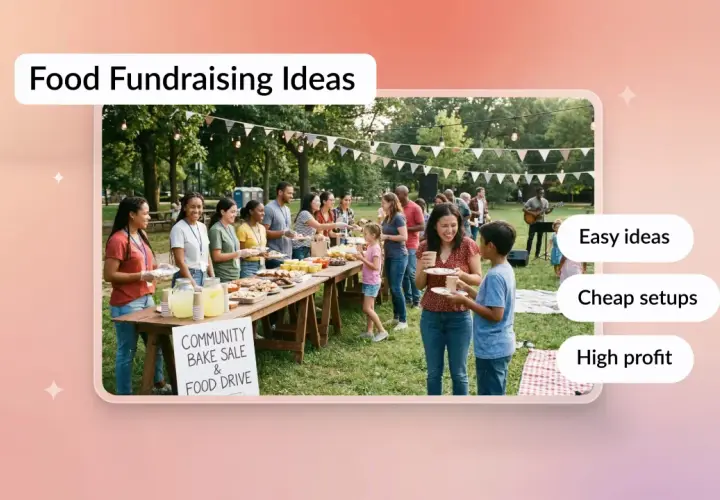Community bake sale with people serving food. Easy food fundraising ideas for high profit and cheap setups.
