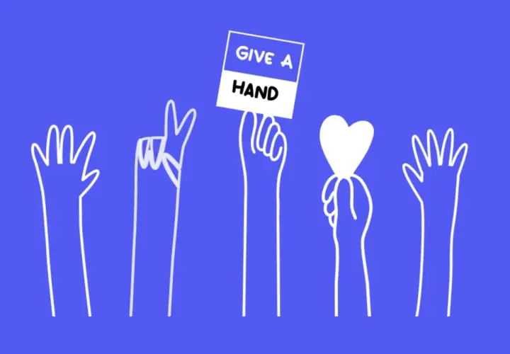 Five white hands reach up against a blue background. One hand holds a sign that says "GIVE A HAND" and another holds a white heart.