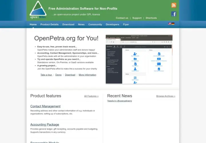OpenPetra offers free software for nonprofits, managing accounting, contact details, and sponsorships. A demo shows its user-friendly interface.