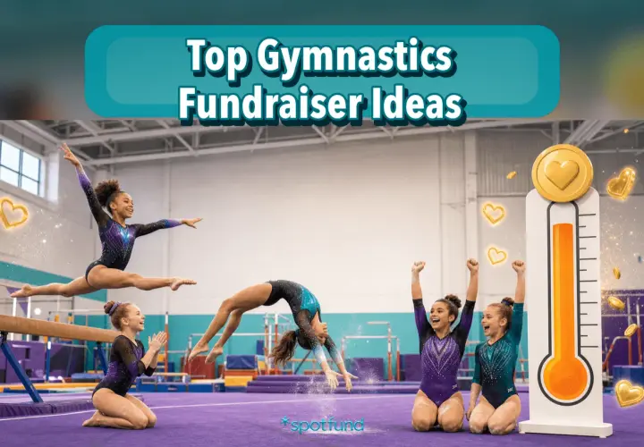 Gymnasts perform while a thermometer graphic shows fundraising progress. Top gymnastics fundraiser ideas are displayed.