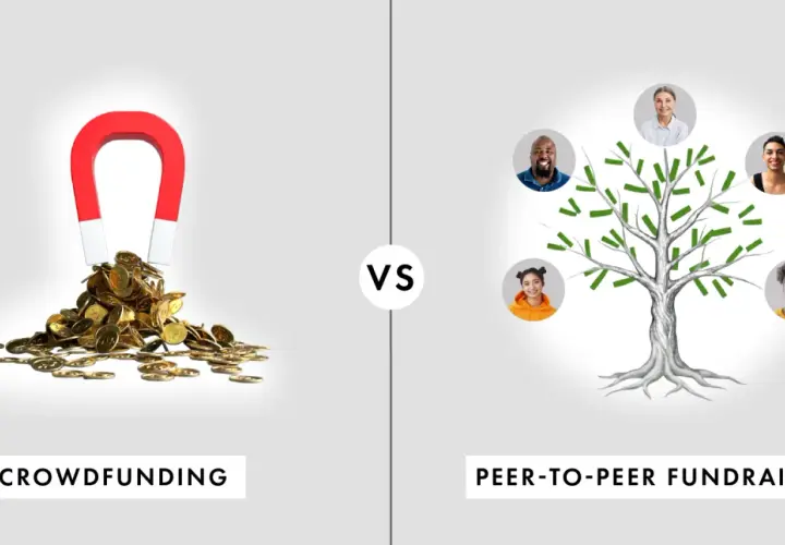 Crowdfunding vs. peer-to-peer fundraising. A magnet attracts coins on the left, while a tree with people's faces represents free peer to peer fundraising software on the right.