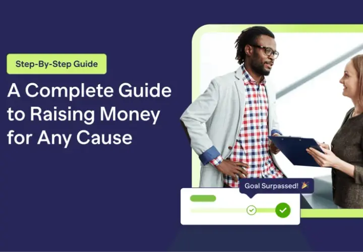 A guide on how to fundraise, showing two people discussing a successful campaign with a "Goal Surpassed!" notification.