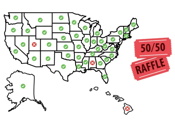 Map of the US showing state legality of raffles. Green checkmarks indicate legality, red X's show restrictions. Florida is marked with a green checkmark, indicating raffles are legal there.