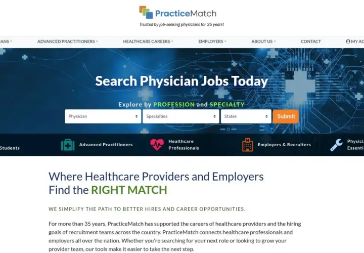 PracticeMatch website for finding healthcare board positions. Search physician jobs by profession and specialty.