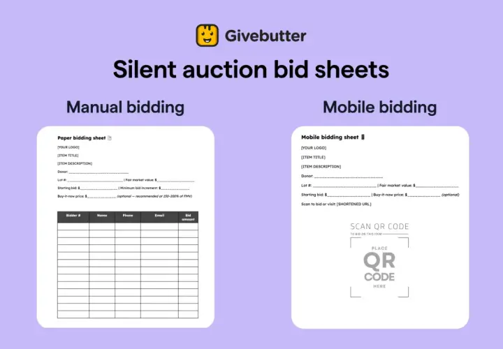 Learn how to run a silent auction online with manual and mobile bidding sheets. This image shows templates for both methods.