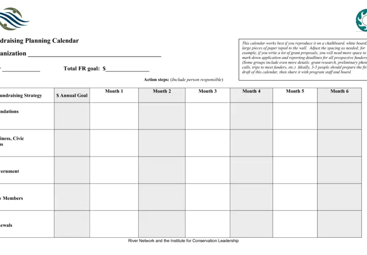 Fundraising planning calendar template with rows for strategies like Foundations and columns for months.