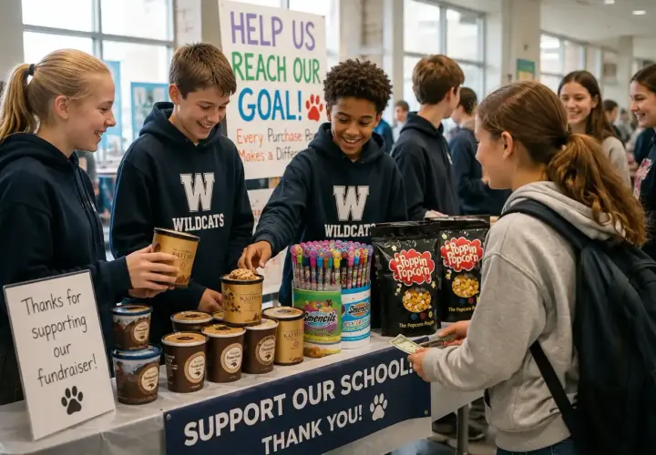 Students sell ice cream and popcorn as part of creative lacrosse fundraising ideas. A sign reads "Help Us Reach Our Goal!