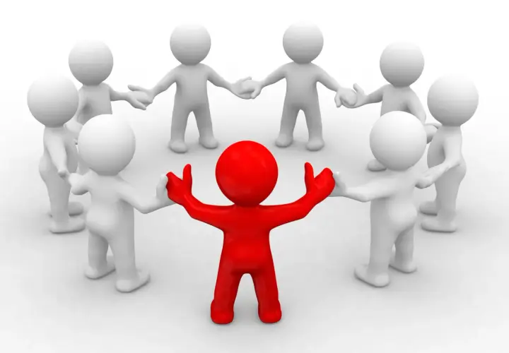 A red figure stands in the center of a circle of white figures, arms outstretched. This symbolizes leadership, like a board chair job description.