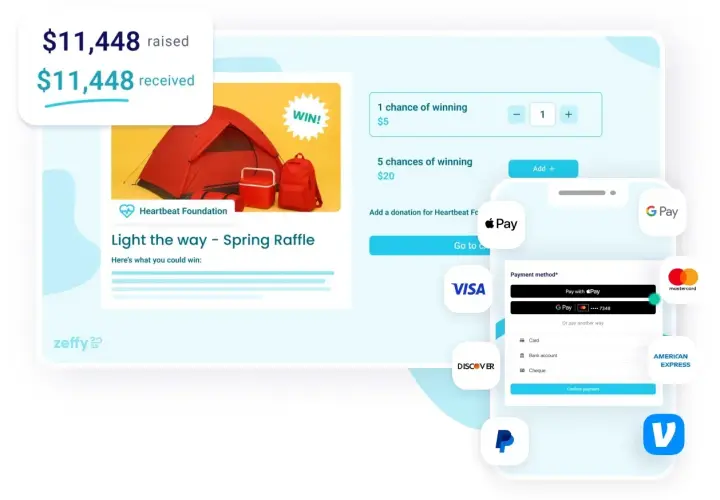A raffle app interface shows a "Light the way - Spring Raffle" with camping gear as prizes. Users can select chances to win and pay via various methods.