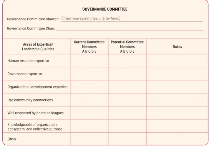 A template for a non-profit board committee structure, detailing expertise, current, and potential members for a Governance Committee.