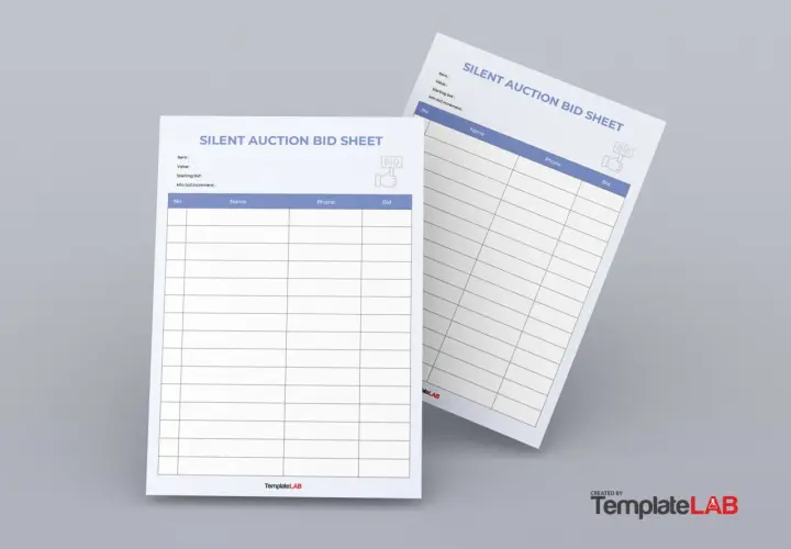Two blank silent auction bid sheet templates are shown. One is angled, the other flat.