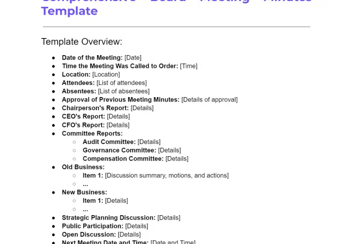 A comprehensive board meeting minutes template outlines key sections like date, attendees, reports, old/new business, and discussion points for effective meeting documentation.