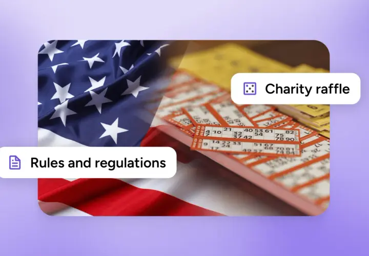American flag and bingo cards, with text "Rules and regulations" and "Charity raffle".