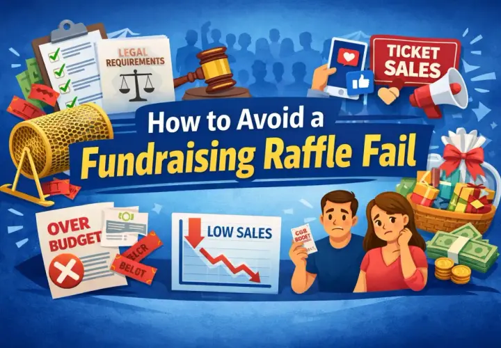 Illustration showing elements of a failed raffle fundraiser: a raffle drum, legal documents, a gavel, low sales graph, over budget papers, and a worried couple.