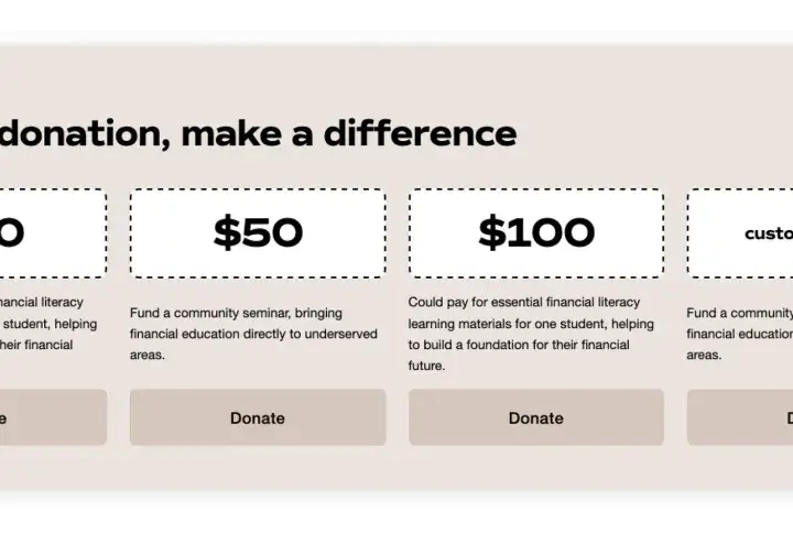 Squarespace donations: options for $20, $50, $100, or custom amounts to fund financial literacy materials or community seminars.