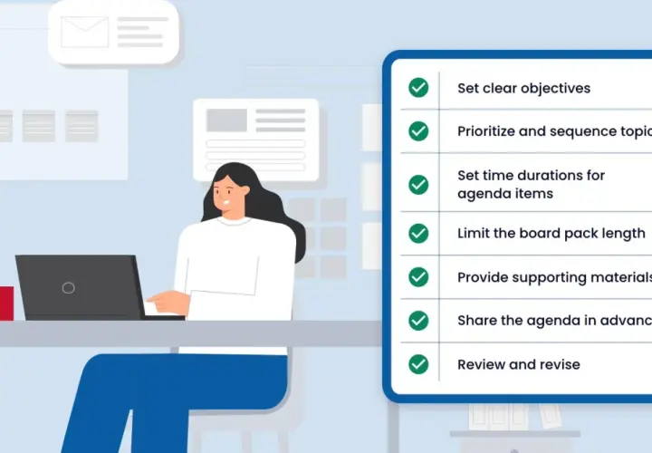 A woman works on a laptop, preparing for an executive board meeting agenda. The agenda lists key steps like setting objectives and sharing materials.