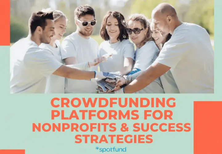 A diverse group of volunteers with hands clasped in the center, ready to tackle challenges. Comparing gofundme vs spotfund for nonprofit success.