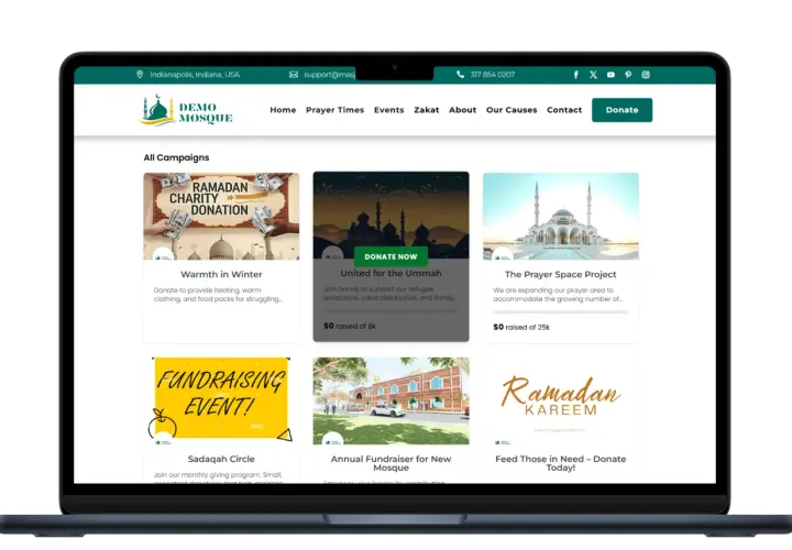 Demo Mosque website showcasing various mosque fundraising campaigns like "Warmth in Winter" and "The Prayer Space Project.