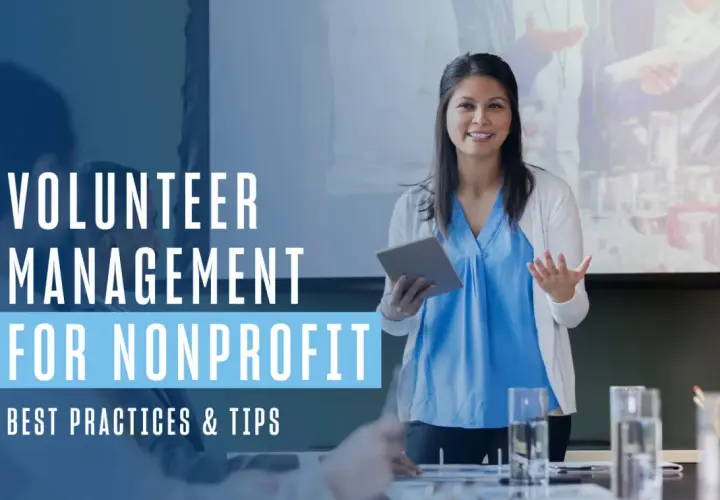 A woman presents volunteer management best practice principles for nonprofits, holding a tablet and gesturing.