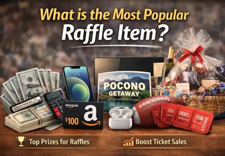 A collection of popular raffle prizes: cash, a smartphone, Amazon gift card, earbuds, a football, tickets, a getaway voucher, and a gift basket.