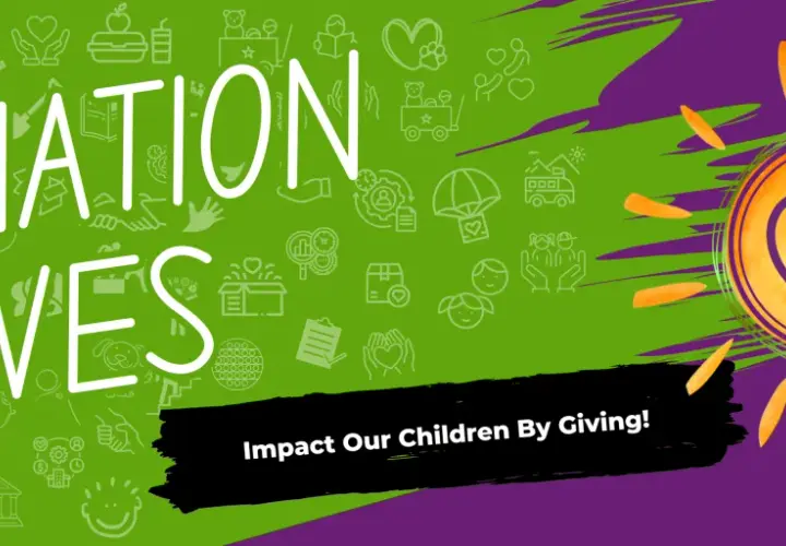 DONATION DRIVES" text with icons of giving and care. A sun icon with a heart and arrow symbolizes impact.
