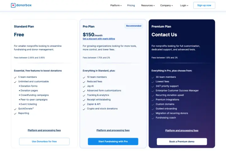Donorbox pricing plans: Free, Pro ($150/month), and Premium. This is a legitimate platform for nonprofits to manage donations.